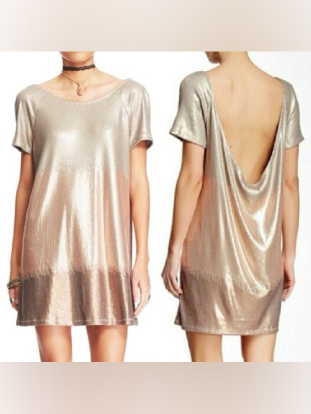 Free People XS Rose Gold Sequin Ombre Mini Dress Low Back Draped Party